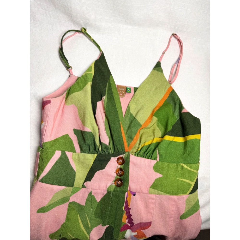 Farm Rio Tropicalistic Jumpsuit Pink Tropical Print Linen Blend Size P Pockets - Picture 6 of 9